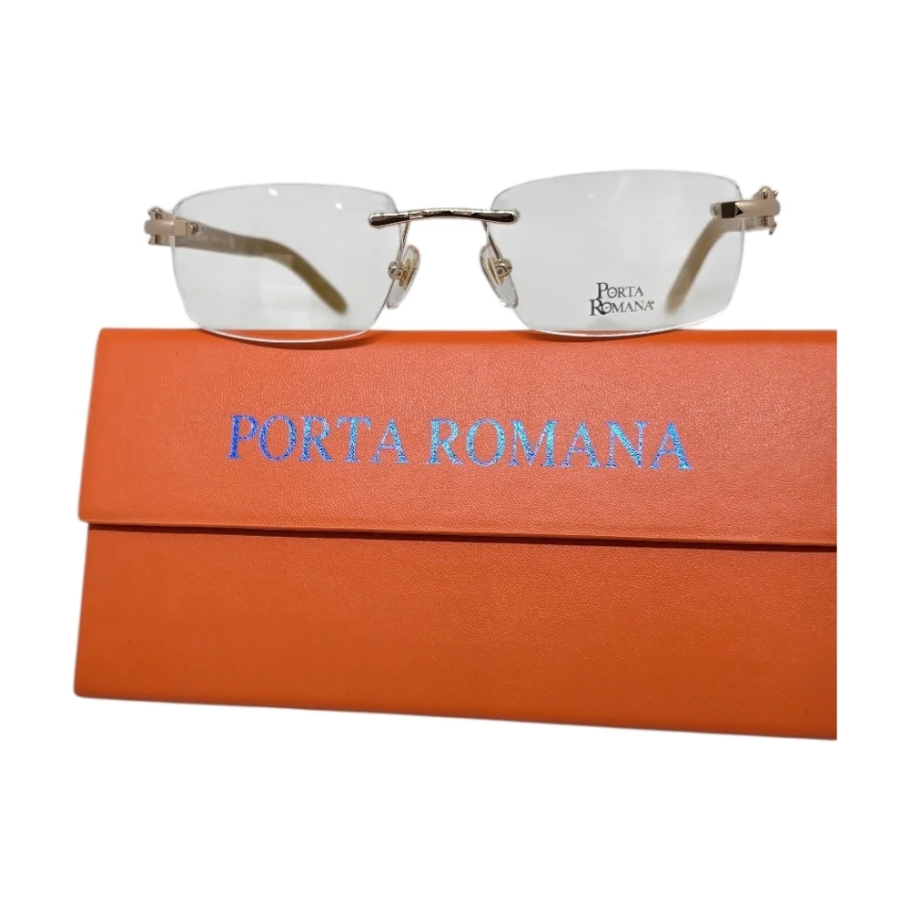 Porta Romana Rimless Glasses with Bold Orange Case in WHITE BUFFALO HORN